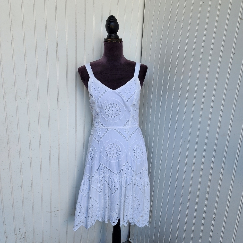 Japna White Eyelet Lace Ruffle Tiered Sleeveless Dress with Smocked Back Size S